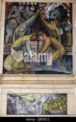 Détail, mur sud, opérations chimiques commerciales, peintures murales de l'industrie de Detroit (1932–1933), fresques de Diego Rivera, à l'Institut d'art de Detroit, États-Unis Banque D'Images