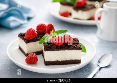 Gâteau au chocolat, cheesecake au brownie coupé en tranches et framboise fraîche Banque D'Images