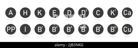 A, H, K, E, D, D3, C, K1, CA, PP, I, B1, B2, B5, B6, B6, B8, B12, Cu ensemble de complexes de multivitamines. Illustration de Vecteur