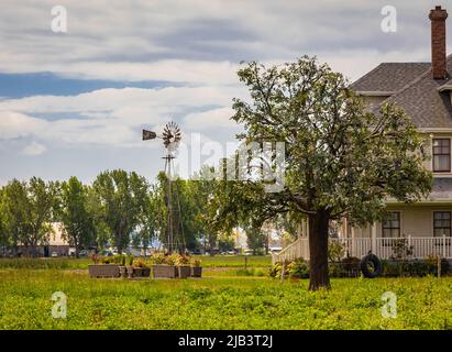 Maison de campagne typique de l'Amérique du Nord en journée. Jardin de ferme avec la maison et le vieux moulin à vent. Photo de voyage, mise au point sélective, personne Banque D'Images