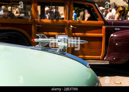 Détail de 1950 Ford Woody vu au Carmel-by-the-Sea Concours sur l'avenue pendant la semaine de l'automobile de Monterey Banque D'Images