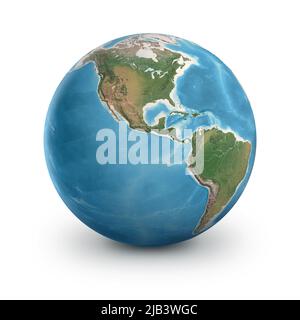 Planète Terre, isolée sur blanc. Globe terrestre physique, concentré sur l'Amérique du Nord et du Sud - 3D illustration, éléments de cette image fournis par la NASA. Banque D'Images