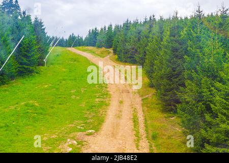 Promenade à Wurmberg avec la télécabine rouge de chemin de fer avec vue panoramique sur le paysage de montagne de Braunlage Harz Goslar en Basse-Saxe Allemagne. Banque D'Images