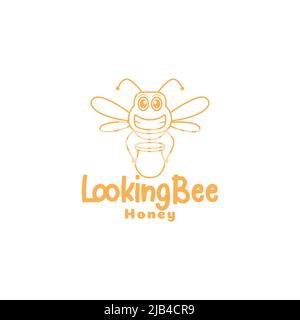 ligne dessin animé mignon abeille tenir miel logo design vecteur graphique symbole icône illustration idée créative Illustration de Vecteur