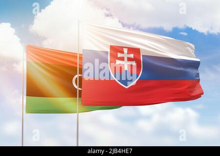 Ciel bleu ensoleillé et drapeaux de la slovaquie et de la libye Banque D'Images