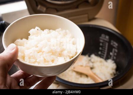 Riz japonais cuit à la vapeur dans un bol avec cuiseur à riz. Banque D'Images