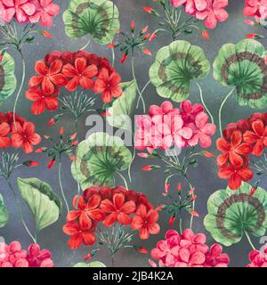 Motif aquarelle sans coutures de fleurs et de feuilles de géranium. Illustration botanique, fond coloré pour le design et la décoration. Banque D'Images