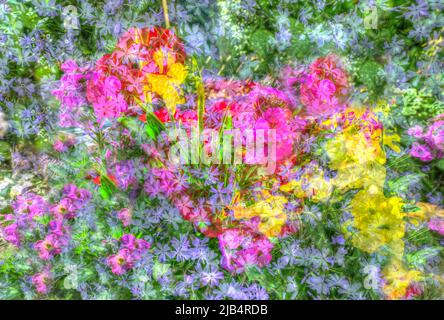 Fleurs créatives, photo artistique, stylisées, fleurs violettes, jaunes et roses, sur tout le fond, motif, dessin, aliéné, mélange de fleurs, plantes Banque D'Images