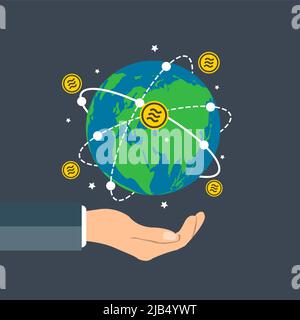 Homme d'affaires tenant le globe terrestre, balance concept de pièce graphique de croissance main tenant, bitcoin spin autour du monde.illustration vectorielle Illustration de Vecteur