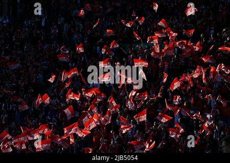 Fanblock SC Freiburg SCF, finale de la coupe DFB 79th, Olympiasstadion, Berlin, Allemagne Banque D'Images