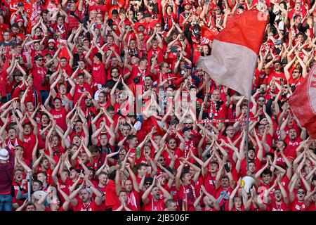 Fanblock SC Freiburg SCF, finale de la coupe DFB 79th, Olympiasstadion, Berlin, Allemagne Banque D'Images