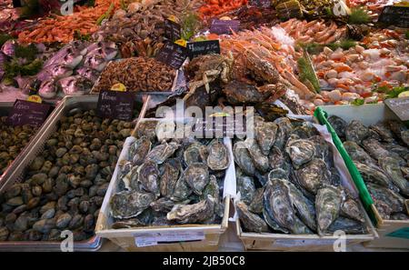 Poisson frais et fruits de mer, huîtres, moules, crabe araignée, crevettes, Pétoncles, marché, marché hebdomadaire, Aix-en-Provence, Bouches-du-Rhône Banque D'Images