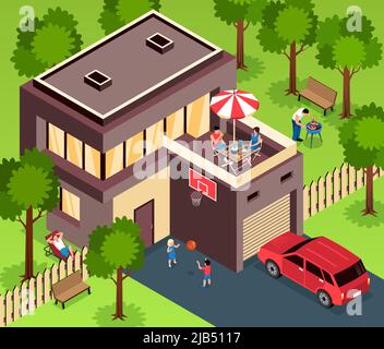 Maison familiale moderne de deux étages avec terrasse de garage en bois entourée d'une pelouse verte, illustration vectorielle isométrique Illustration de Vecteur