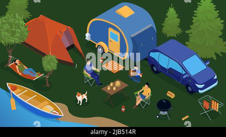 Composition de personnes de parc de remorques isométriques colorées avec détente en famille par l'illustration du vecteur de rivière Illustration de Vecteur