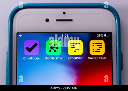 Apps de l'Omni Group (Omnifocus, OmniGraffle, OmniPlan et OmniOutliner), une société américaine qui développe des logiciels pour les plates-formes Mac et iOS, sur iPhone Banque D'Images