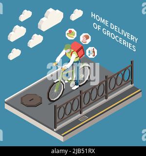 Caractère isométrique du coursier livrant des courses par vélo 3D illustration vectorielle Illustration de Vecteur