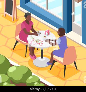 Composition isométrique de fond de la journée internationale des femmes avec vue sur un café extérieur avec des femmes assis à une table illustration vectorielle Illustration de Vecteur