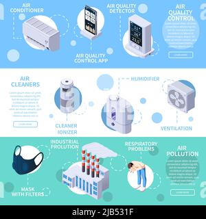 Ensemble de trois bannières isométriques horizontales de contrôle de qualité de purification de l'air avec icônes de l'illustration vectorielle des dispositifs de nettoyage électroniques Illustration de Vecteur