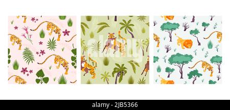 Ensemble de trois motifs carrés avec des images plates de tigres lions et léopards parmi les illustrations vectorielles d'arbres exotiques Illustration de Vecteur