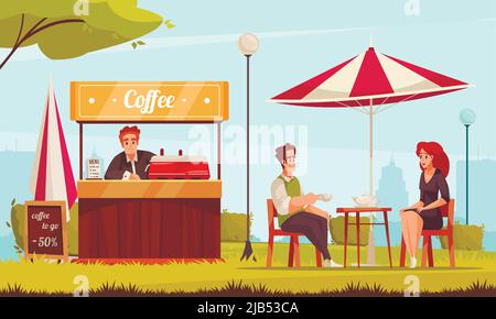 Restaurant patio rue café comptoir café service composition de dessin animé avec couple appréciant le thé bavardant illustration vectorielle extérieure Illustration de Vecteur