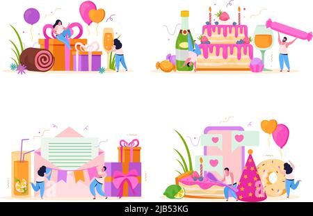 Ensemble d'anniversaire de quatre compositions plates avec de petits personnages humains et des lettres de vœux avec illustrations vectorielles de boîtes-cadeaux Illustration de Vecteur
