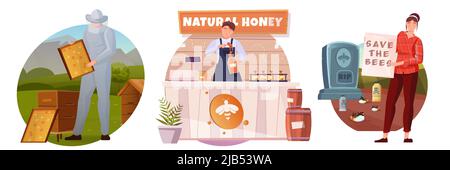 Beeeping Flat compositions avec des personnes protégeant les abeilles collectant et vendant le miel naturel isolé illustration vectorielle Illustration de Vecteur