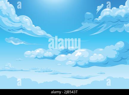 Illustration quotidienne du nuage de ciel avec des cirrus de dessins animés et des nuages blancs de cumulus dans des rayons de l'illustration du vecteur de soleil Illustration de Vecteur