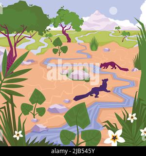 Paysage plat de couleur concept avec un ressort ou une petite rivière dans l'illustration vectorielle de la jungle Illustration de Vecteur