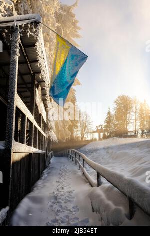 Sentier couvert de neige dans les montagnes, le drapeau de l'Ukraine dans le gel sur une journée ensoleillée de neige, les routes carpathes. Banque D'Images
