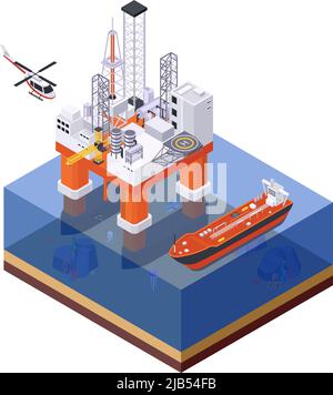 Industrie pétrolière composition isométrique avec vue de la plate-forme de structure en mer avec illustration de vecteur de navire et d'hélicoptère volant Illustration de Vecteur