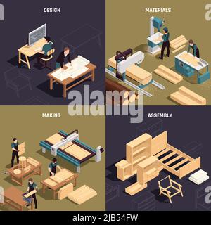 Ensemble d'icônes de production de mobilier isométrique avec création de matériaux de conception et descriptions d'assemblage illustration vectorielle Illustration de Vecteur