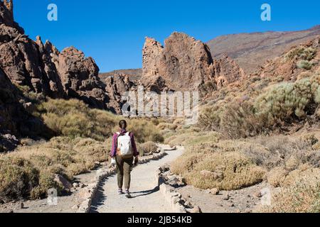 Vue panoramique unique de Roque Cinchado formation rocheuse unique avec le célèbre volcan montagne Pico del Teide sommet à l'arrière-plan sur une journée ensoleillée, Tei Banque D'Images