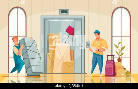 Nouvelle maison intérieur de composition de dessin animé avec service de déplacement apporter des meubles de réfrigérateur arranger les effets selon les instructions vecteur illustraa Illustration de Vecteur