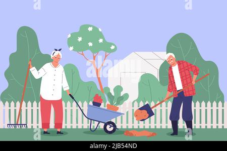 Couple de personnes âgées travaillant dans le jardin avec un peigne à pelle et une illustration vectorielle plate de brouette Illustration de Vecteur