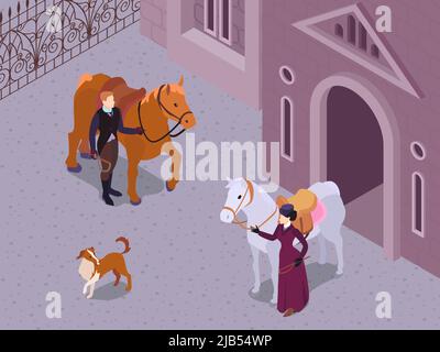 Composition de mode victorienne isométrique avec décor extérieur et personnages de gentleman et de dame accrochant leurs chevaux illustration vectorielle Illustration de Vecteur
