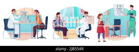 Différentes étapes de l'examen oculaire dans l'illustration du vecteur plat du bureau des ophtalmologistes Illustration de Vecteur