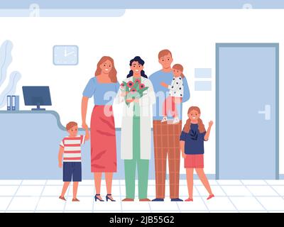 Famille heureuse avec trois enfants et une femme pédiatre tenant un bouquet de fleurs debout près du bureau des médecins illustration vectorielle plate Illustration de Vecteur