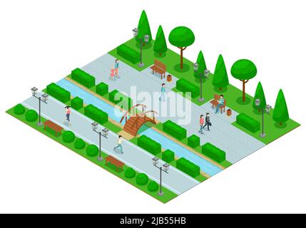 Parc de conception de paysage composition isométrique avec une partie du parc avec arbres allées de pelouse et ponts au-dessus de la rivière illustration vectorielle Illustration de Vecteur