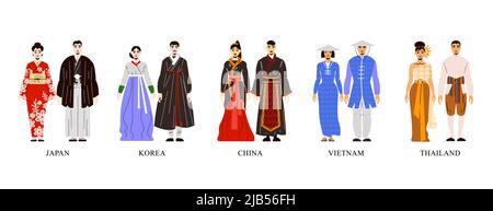 Ensemble plat avec des couples d'hommes et de femmes des pays asiatiques portant des vêtements traditionnels nationaux illustration vectorielle isolée Illustration de Vecteur