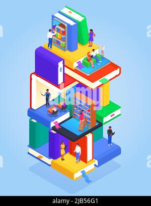 Bibliothèque numérique en ligne isométrique concept coloré abstrait bâtiment multi-étages avec des planchers dédiés à la lecture divers sujets liés vecteur illustr Illustration de Vecteur