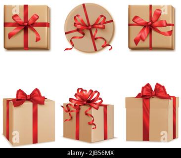 Cadeaux présente carré cube et rond ruban rouge boîtes décorées dessus vues latérales ensemble réaliste illustration vectorielle Illustration de Vecteur