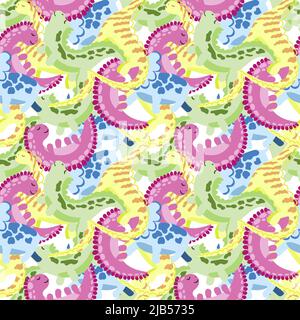 Motif sans couture de jolis dinosaures multicolores. Style vectoriel de dessin animé. Arrière-plan abstrait des dinosaures sur fond blanc Illustration de Vecteur