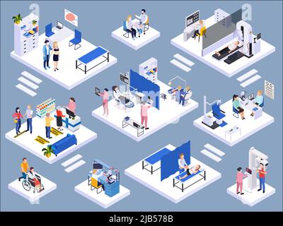 Centre médical intérieur composition isométrique avec dentiste irm pharmacie ophtalmologiste tests de laboratoire xray 3D illustration vectorielle isolée Illustration de Vecteur