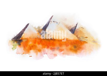 Dessin aquarelle des Pyramides de Gizeh, Pyramides de Queens en Égypte. Banque D'Images