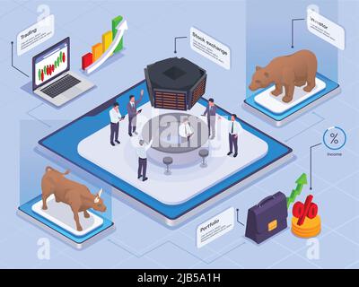 Marché financier de bourse de négociation isométrique de couleur concept avec la bourse de négociation investisseurs portefeuille et le pourcentage des descriptions de revenu ve Illustration de Vecteur