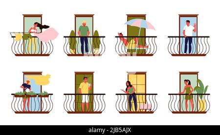 Les voisins sur leur balcon parlant relaxant arrosoir plantes pendant dehors linge plat ensemble isolé illustration vectorielle Illustration de Vecteur