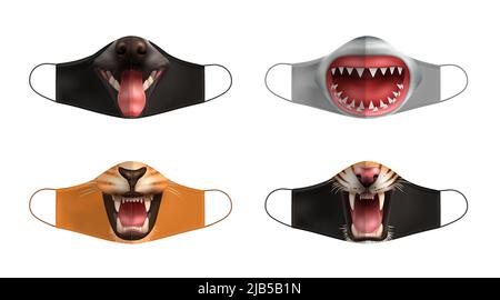 Masques de protection du visage créatifs avec imprimé à la bouche d'animaux ouvert ensemble réaliste illustration vectorielle isolée Illustration de Vecteur