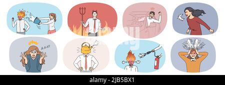 Collection de personnes furieuses yell se sentent affligé dans les situations de la vie. Ensemble d'hommes et de femmes en colère crient et crient montrer la rage et la fureur. Concept d'émotions incontrôlables. Illustration vectorielle. Illustration de Vecteur