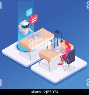 Conception de concept Chatbot Messenger avec support technique options symboles illustration vectorielle isométrique Illustration de Vecteur