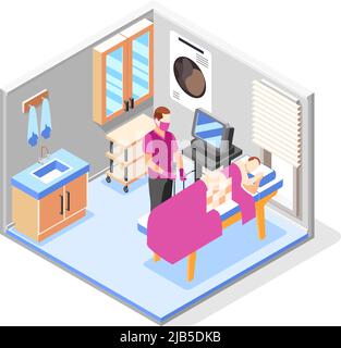 Composition du bilan de santé avec le médecin dans le masque médical et le patient mâle pendant la procédure de coloscopie 3D illustration du vecteur isométrique Illustration de Vecteur